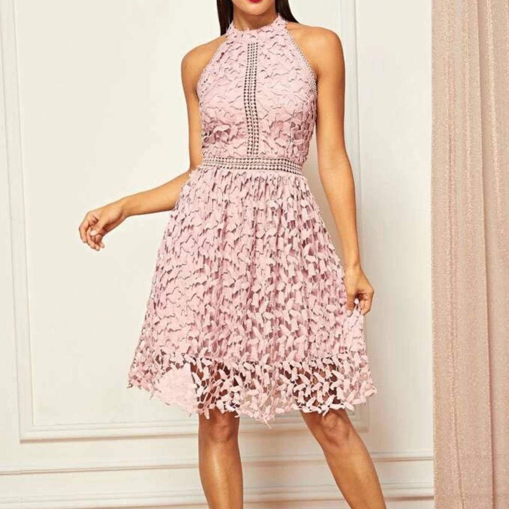 Halter Guipure Lace Dress Pink